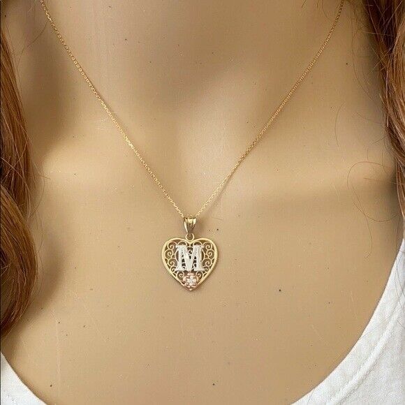 10k Solid Gold Initial Letter H Heart Filigree CZ Pendant Necklace