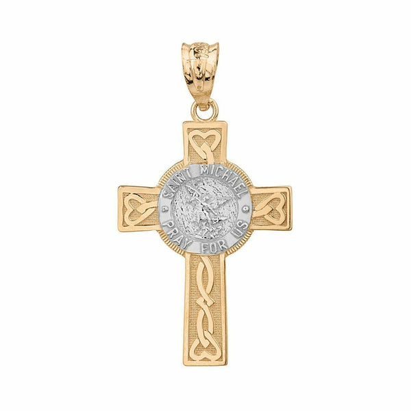 14k Two Tone Gold St. Michael Pray For Us Celtic Heart Cross Pendant Necklace