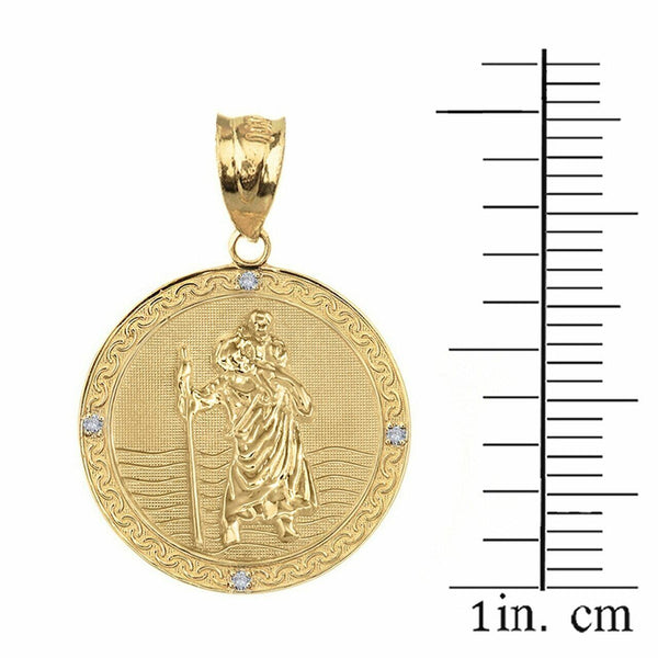 14k Yellow Gold St Christopher Circle Medallion 4 Diamond 1" Pendant Necklace