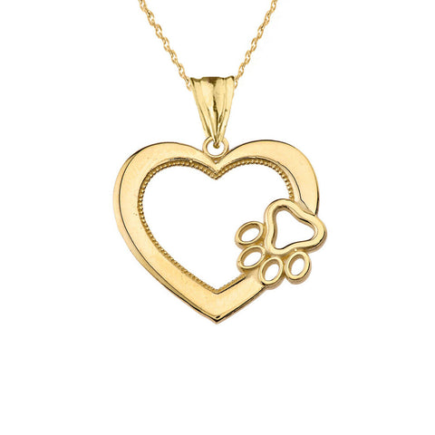 Solid 14k Yellow Gold Heart Paw Print Pendant Necklace 16" 18" 20" 22"