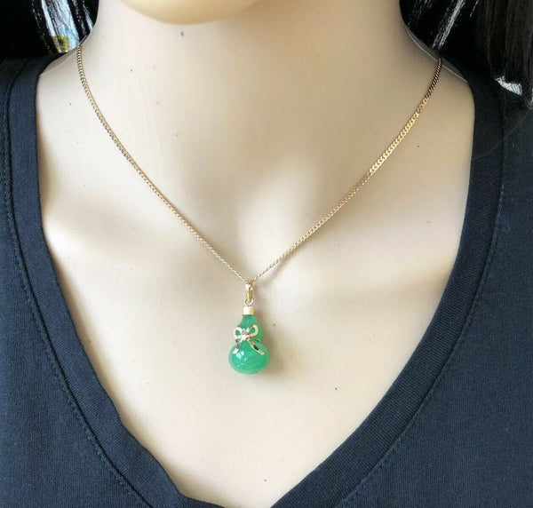 NWOT 18K Gold Bottle Gourd Green Jade Bow Pendant - ES33