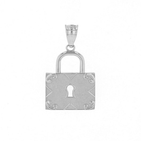 14K Solid Gold Swirl Rectangle Keyhole Padlock Pendant Necklace