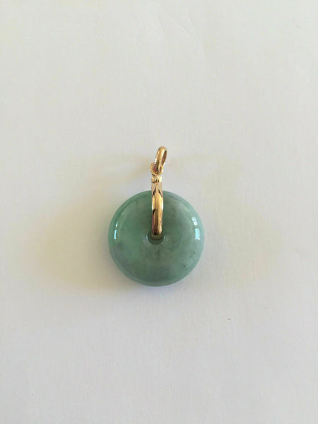 18K Solid Yellow Gold Round Donut Natural Jade Pendant Charm Light Green