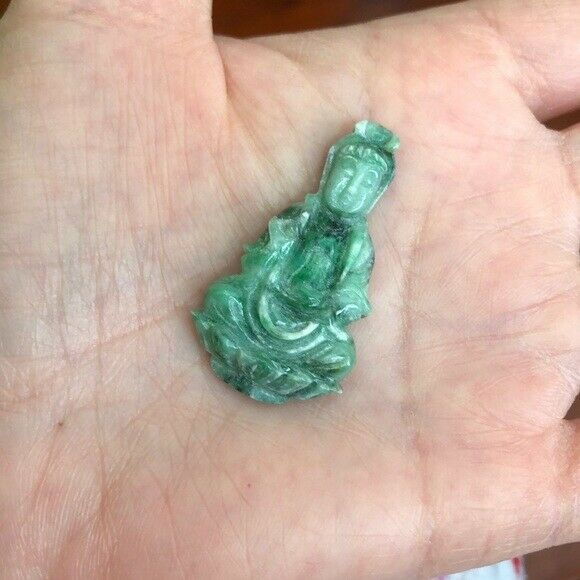 Lady Kwan Yin Buddha Natural Real Green Religious Jade (Pendant)