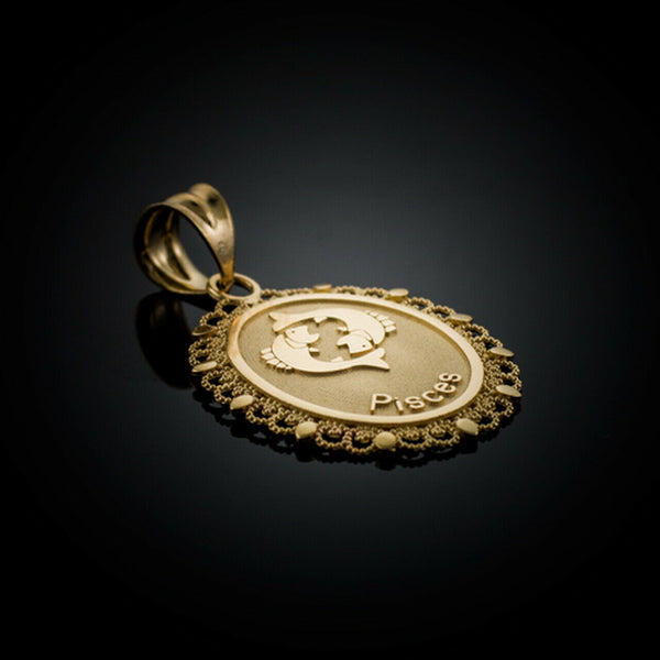 10k Solid Gold Pisces Zodiac Sign Filigree Oval Pendant Necklace