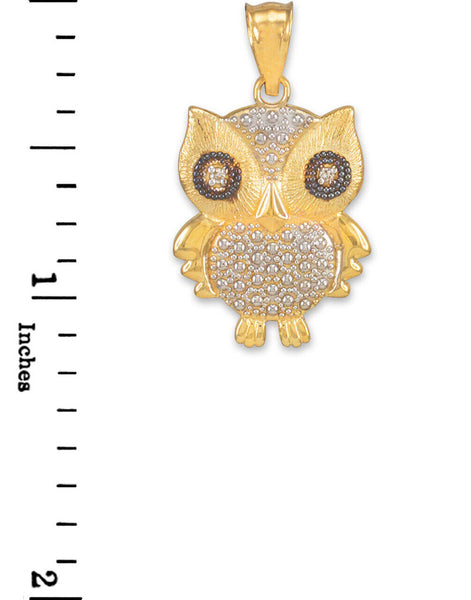 14K Solid Gold Owl Diamonds Pendant Necklace - Yellow, Rose, or White