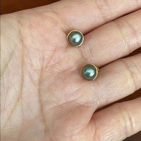 14K Solid Yellow Gold Dark Gray Pearl Stud Earrings - Minimalist