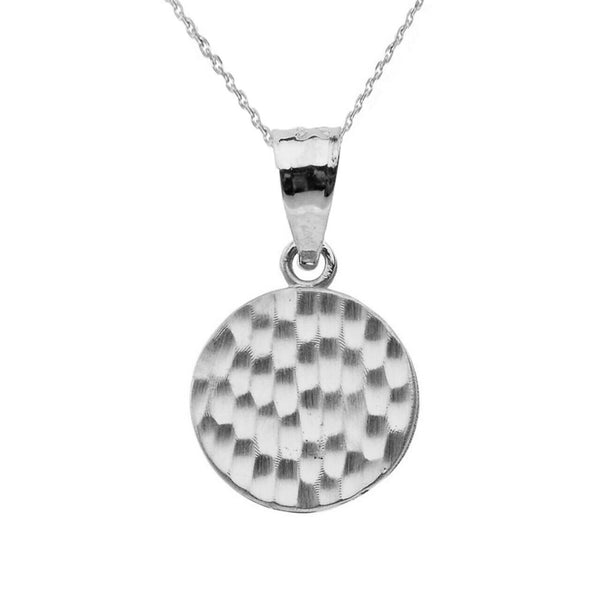 Solid 14k White Gold Mini Hammered Round Small Disk Disc Pendant Necklace