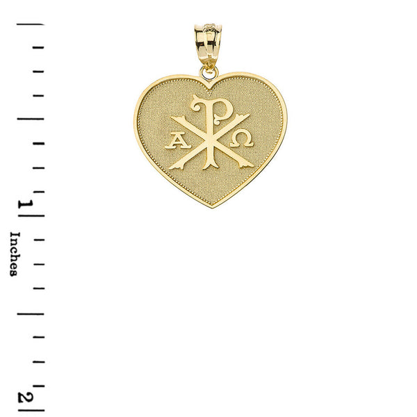 14K Solid Yellow Gold Ancient Christian Chi Rho Px Heart Pendant Necklace