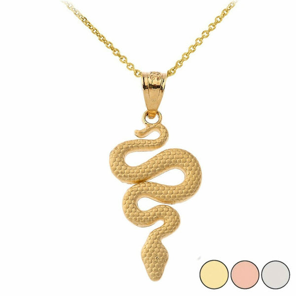 Solid 14k Yellow Gold Textured Snake-Serpent Pendant Necklace