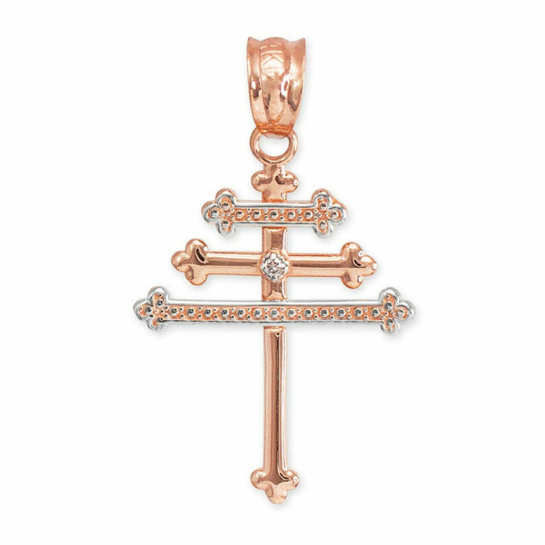 10k Solid Rose Gold Diamond Maronite Aramaic Cross Pendant Necklace