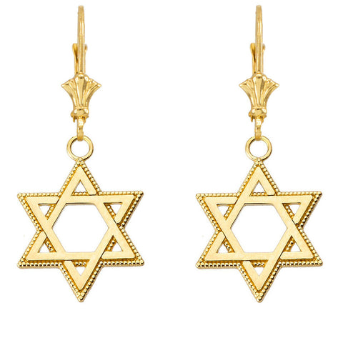 14k Solid Yellow Gold Milgrain Jewish Star Of David Earrings (1.24")