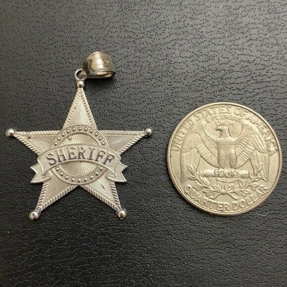 925 Sterling Silver Star Sheriff Badge Public Safety Textured Pendant Necklace