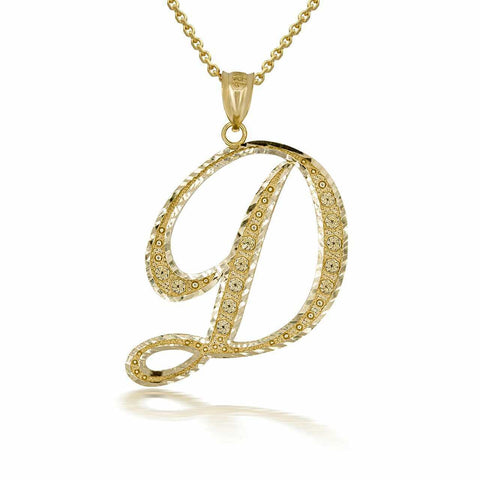 10k Solid Yellow Gold Cursive Initial Letter D Pendant Necklace