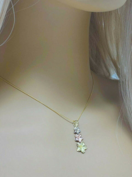 14K Tri-color Gold Elegan 3 Plumeria Flowers Joy Love Spiritual Pendant Necklace