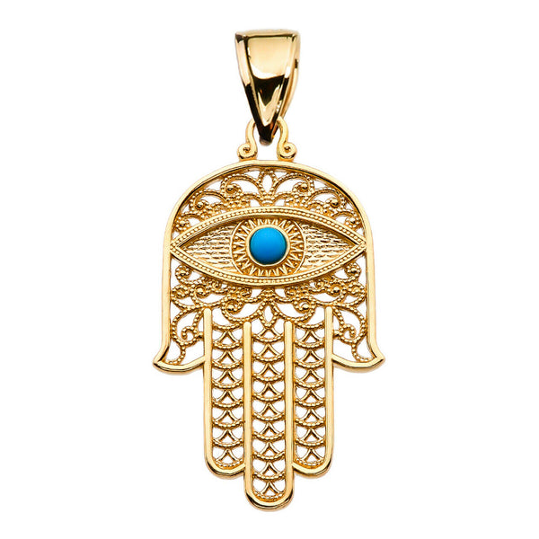 10k Yellow Gold Evil Eye Turquoise Stone Filigree Hamsa Hand Pendant Necklace