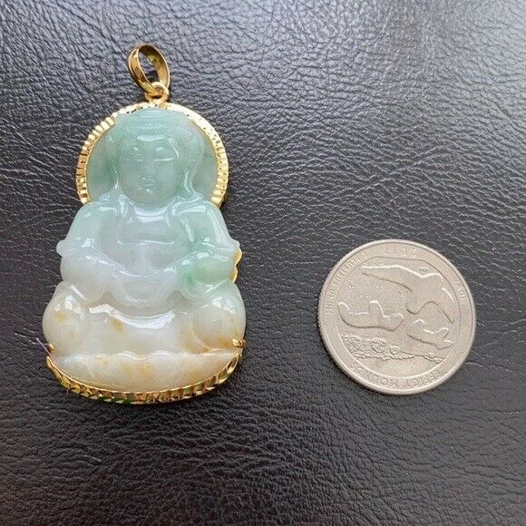 14K Solid Real Gold Natural Jadeite Jade A Kwan Yin Lady Buddha Pendant