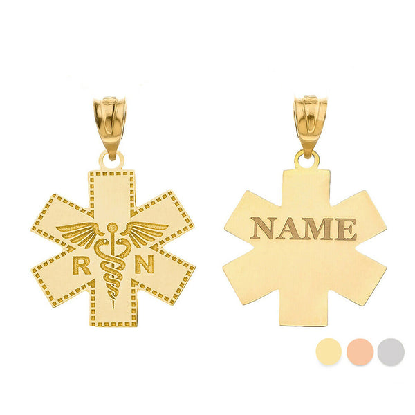 Personalize Name 10k 14k Gold Caduceus RN Registered Nurse EMT Pendant Necklace