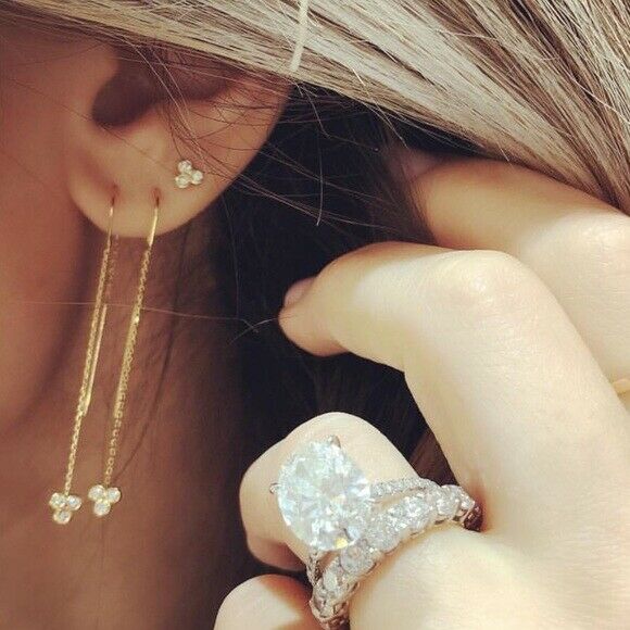 14K Solid White Gold Natural Diamond Round Threader Earrings