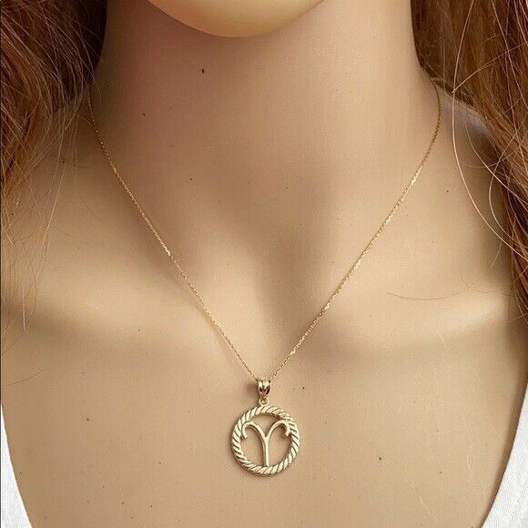 14K Solid Gold Aries Zodiac Sign Circle Rope Pendant Necklace 16" 18" 20" 22"
