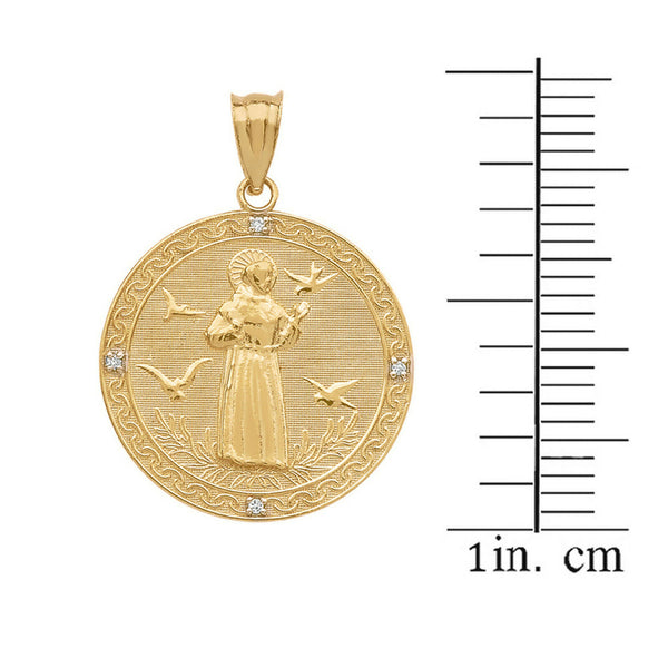10K Solid Gold St Francis of Assisi Circle Medallion Diamond Pendant Necklace