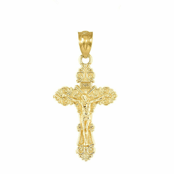 10k Solid Yellow Gold Dainty Floral Crucifix Pendant Charm Necklace