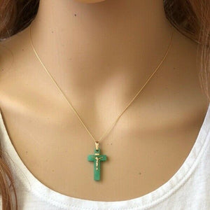 14K Solid Gold Mini Jesus Crucifix Green Cross Dainty Necklace -Minimalist