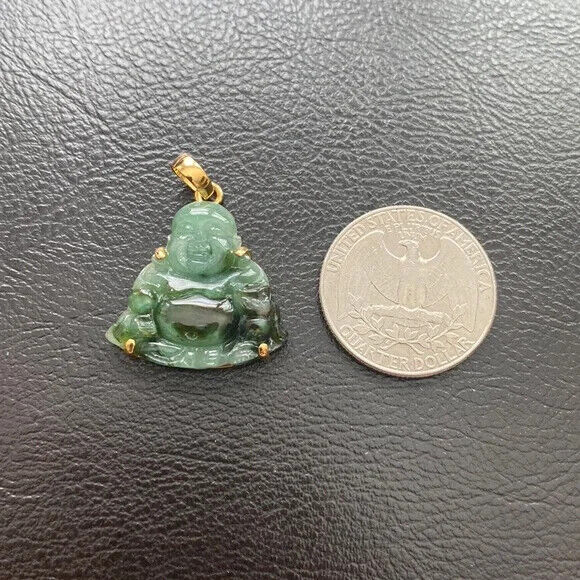 14K Solid Gold Buddhist Laughing Buddha Natural Jade Pendant Small