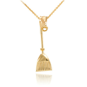 14K Solid Gold Household Cleaning Broom Stick Pendant Necklace Halloween Witch