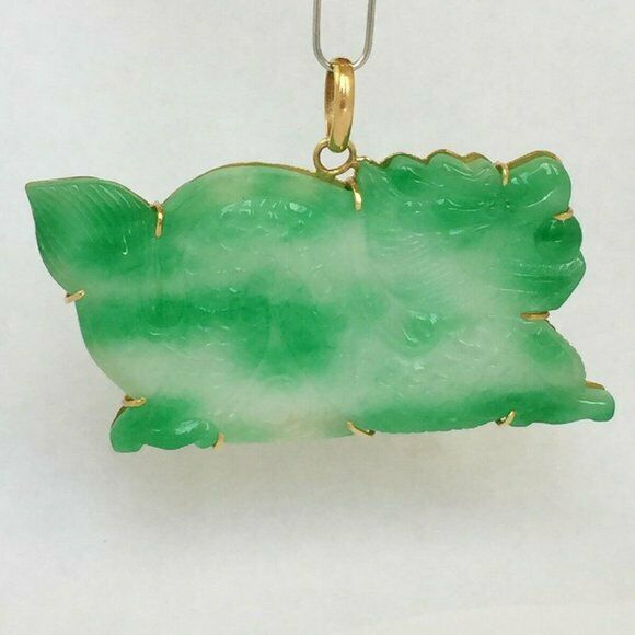 14K Solid Yellow Gold Green Jade Carved Dragon Pendant Charm XLarge