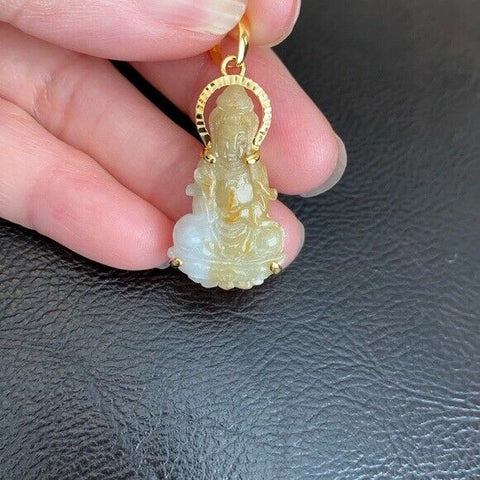 14K Real Gold Natural Jadeite Jade Guanyin Kwan Yin Female Buddha Pendant