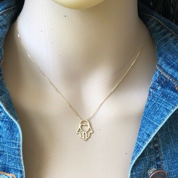 14K Solid Yellow Real Gold Wire Hamsa Hand Necklace - Adjustable 16"-18"