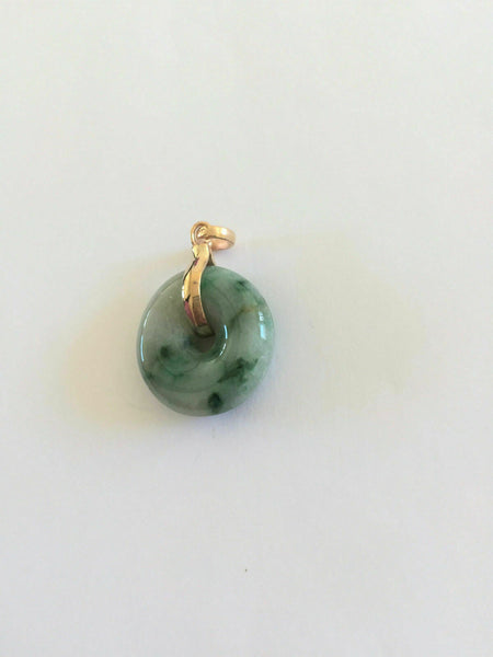 14K Solid Gold Natural Jadeite Jade Donut Round Small Pendant