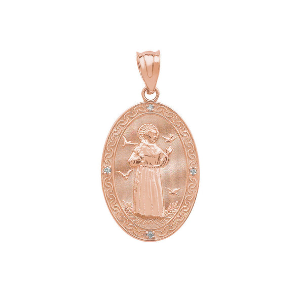 14K Solid Gold Saint Francis of Assisi Oval Medallion Diamond Pendant Necklace