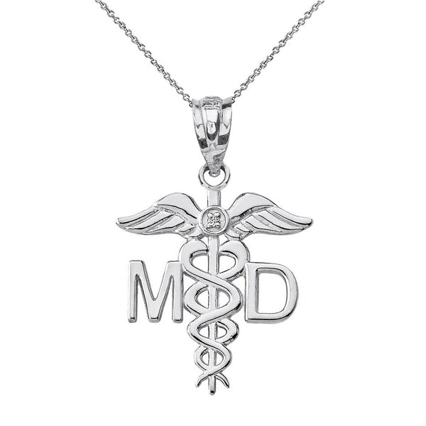 925 Sterling Silver Medical Doctor MD Caduceus Charm Pendant Necklace