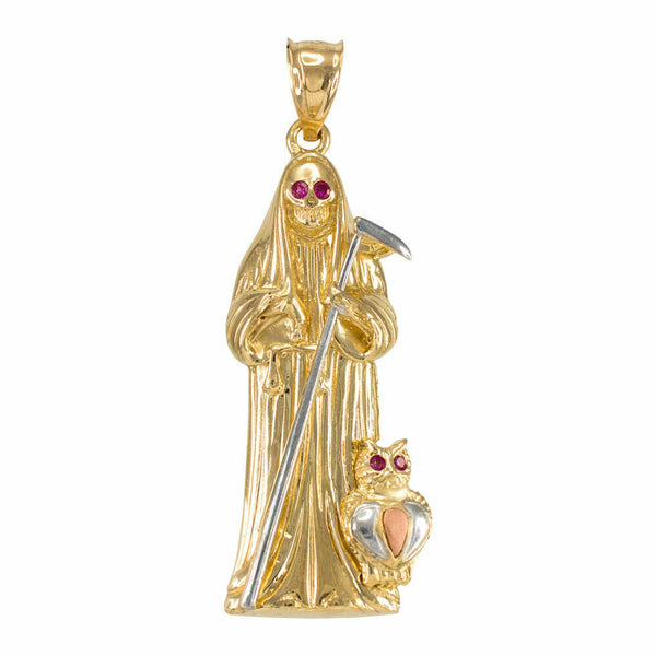10k Solid Gold Santa Muerte-Holy Death-Grim Reaper Owl CZ Pendant Necklace