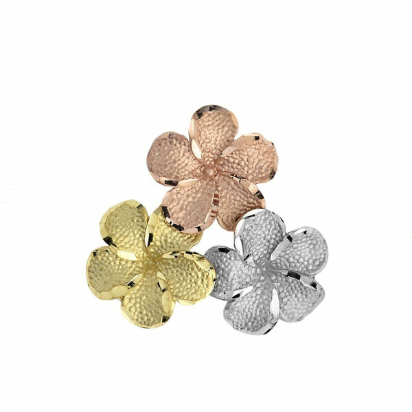 14K Solid Gold Plumeria Flowers In Tri Color Pendant Necklace.