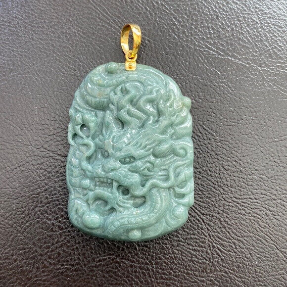 14K Solid Real Yellow Gold Carved Dragon Natural Jade Pendant Green Men Carving