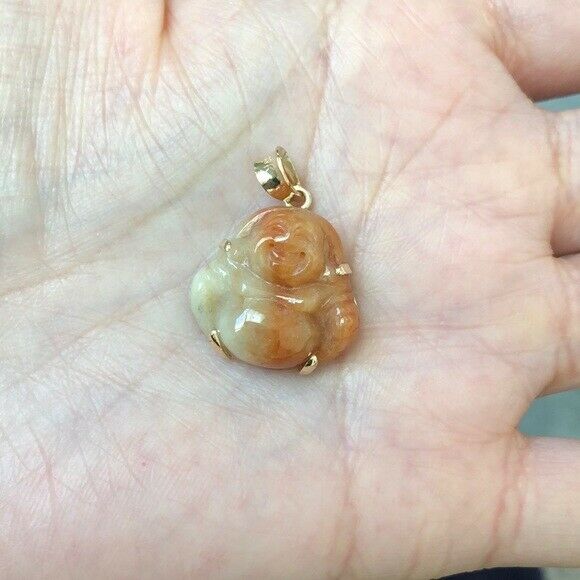 Small 18K Solid Gold Happy Laughing Buddha Real Red Jade Religious Pendant -651