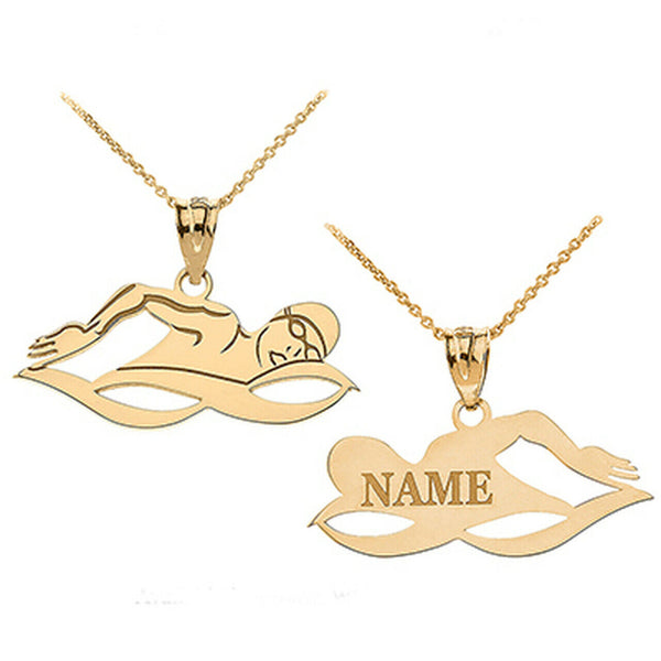 Personalized Engrave Name 10k 14k Solid Gold Swimmer Sports Pendant Necklace