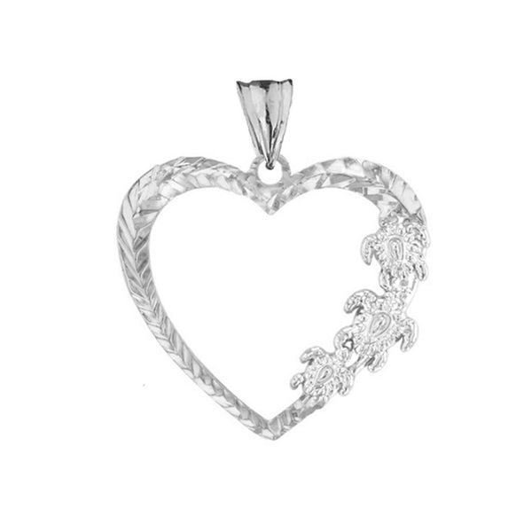 10k Solid White Gold Honu Hawaiian Turtles Heart Pendant Necklace