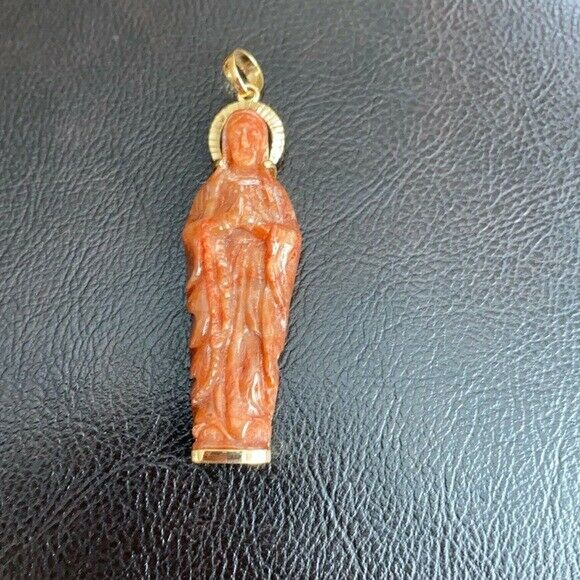 14K Solid Gold The Blessed Virgin Mary Prayer Carved Natural Red Jade Pendant