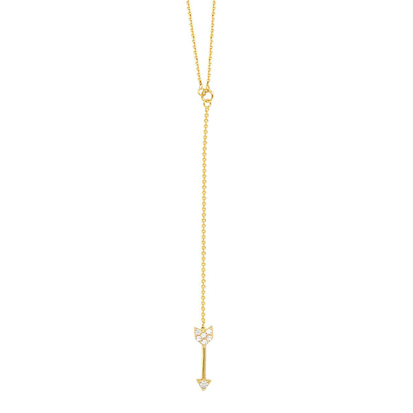 14K Solid Gold CZ Arrow Drop Dangle Lariat Necklace 16"-18" (White,Yellow,Rose