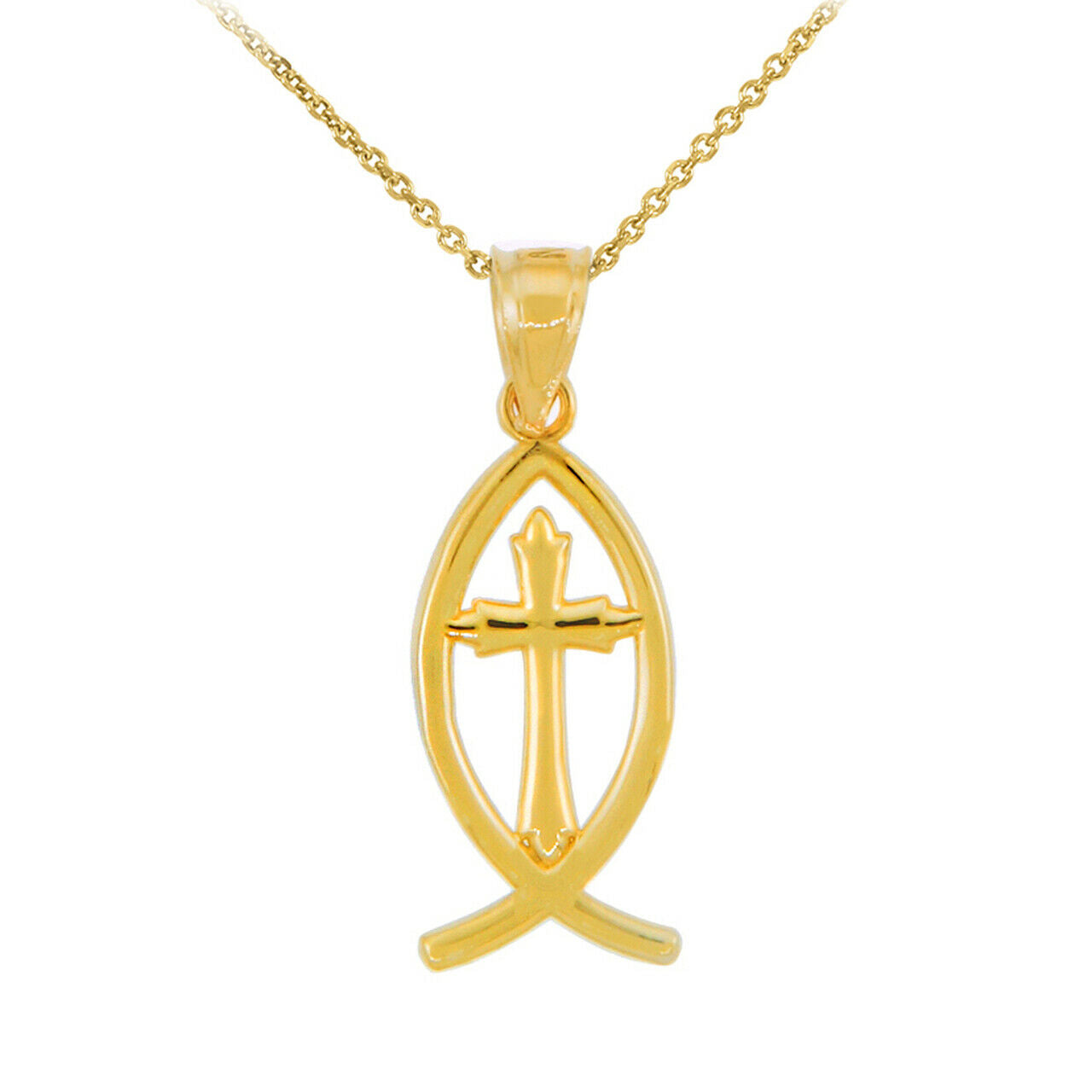 14k Solid Gold Christian Cross Charm Jesus Christ Ichthus Fish Pendant Necklace