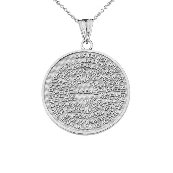 10k Solid White Gold The Lord's Prayer Medallion Pendant Necklace