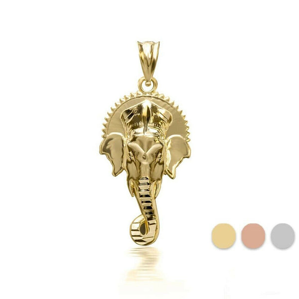 14K Solid Yellow Gold 3D Hindu Elephant God Ganesha Pendant Necklace