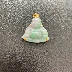 14K Solid Gold Laughing Buddha Buddist Genuine Carved Jade Pendant