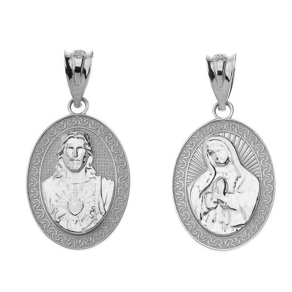 10K Solid Gold Reversible Virgin Mary and Jesus Christ Oval Pendant Necklace