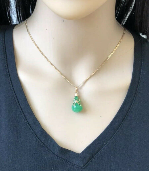 NWOT 18K Gold Bottle Gourd Green Jade Bow Pendant - ES33