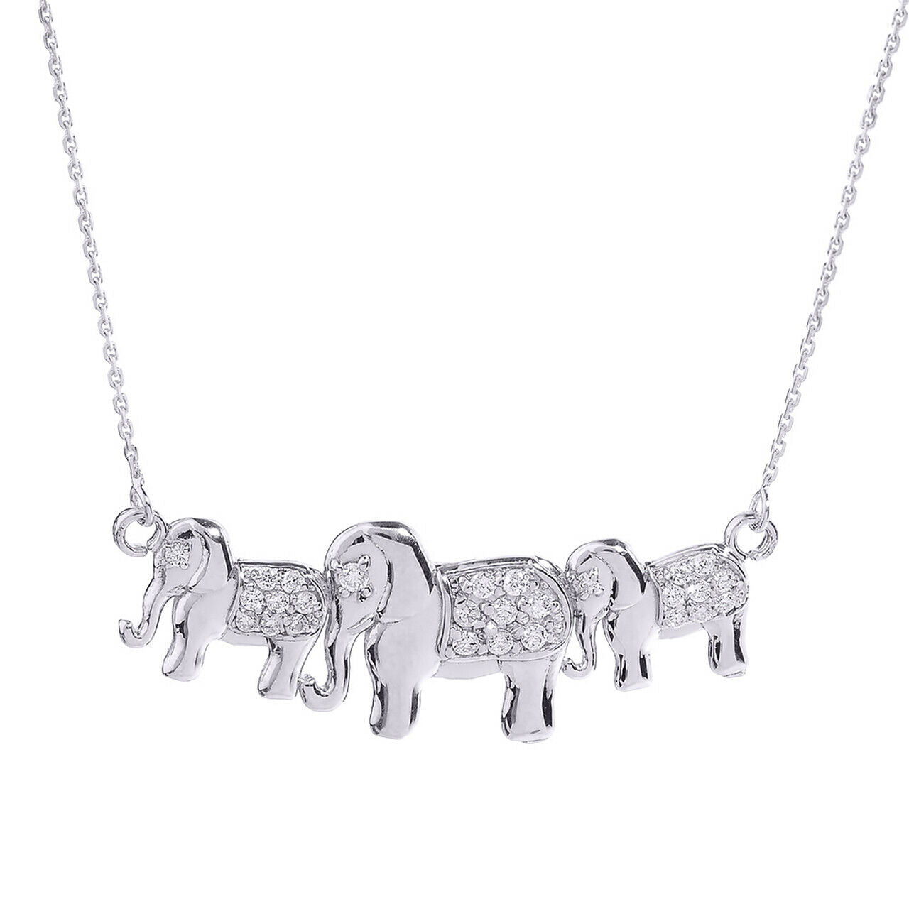 Sterling Silver CZ Studded Three Elephant Pendant Necklace 16" 18" 20" 22"